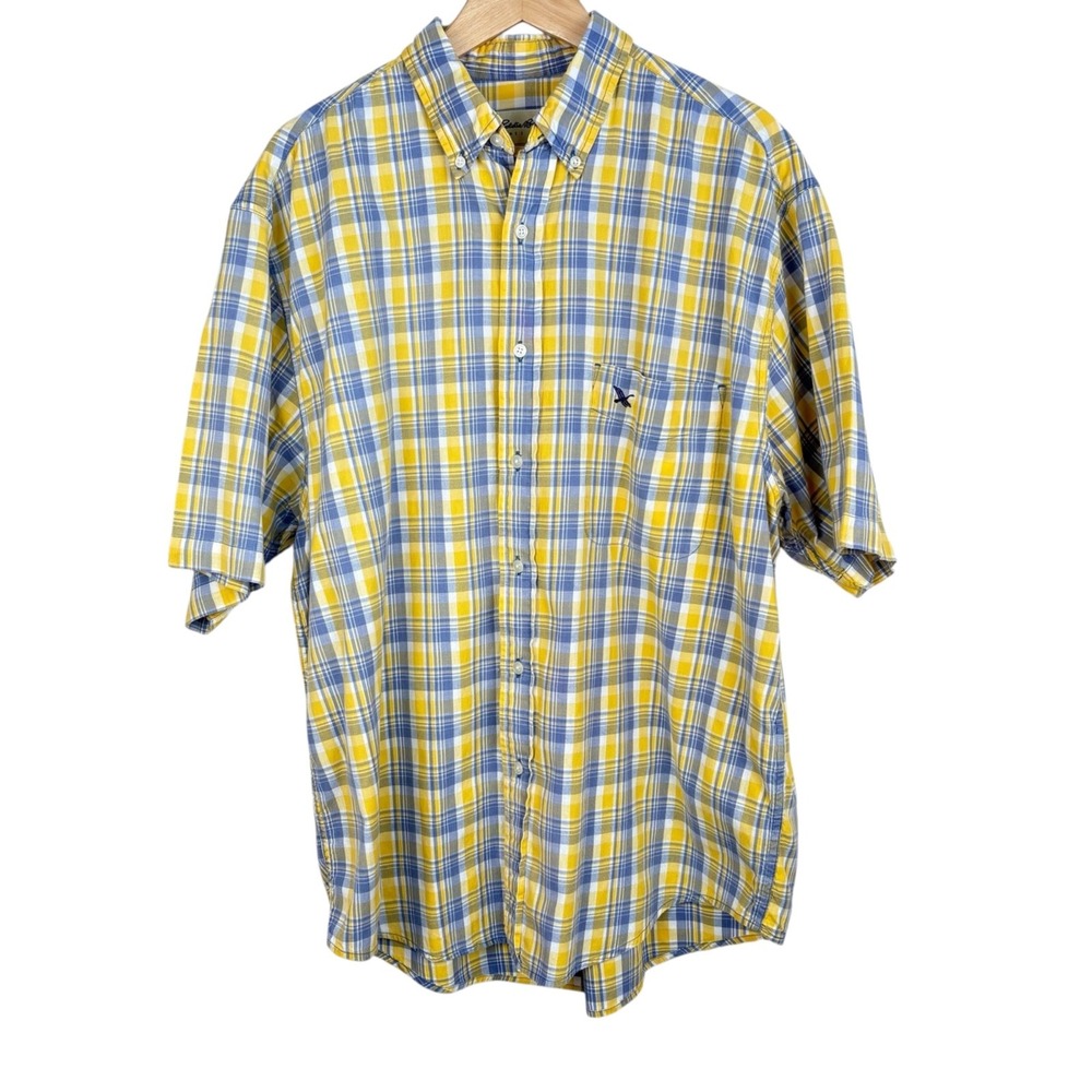 Vintage 90s Eddie Bauer Yellow Blue Plaid Short Sleeve Shirt Cotton Preppy Sz L - Picture 1 of 7